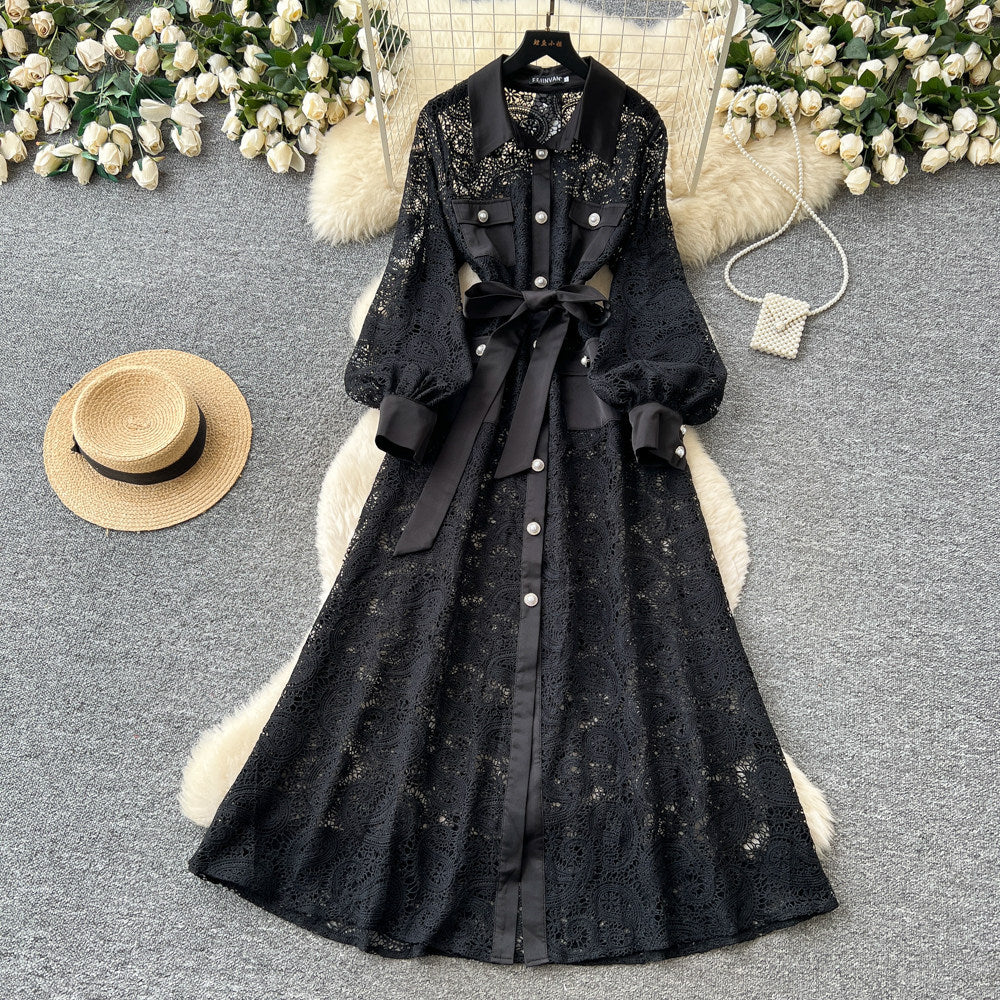 French romantic stand collar lantern sleeve lace dress - women's summer slimming a-line maxi dress - elegant & chic