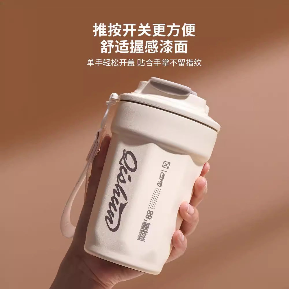 Simple 316 stainless steel octagonal coffee mug - portable cola cup with carry strap, outdoor car vacuum insulated tumbler - customizable