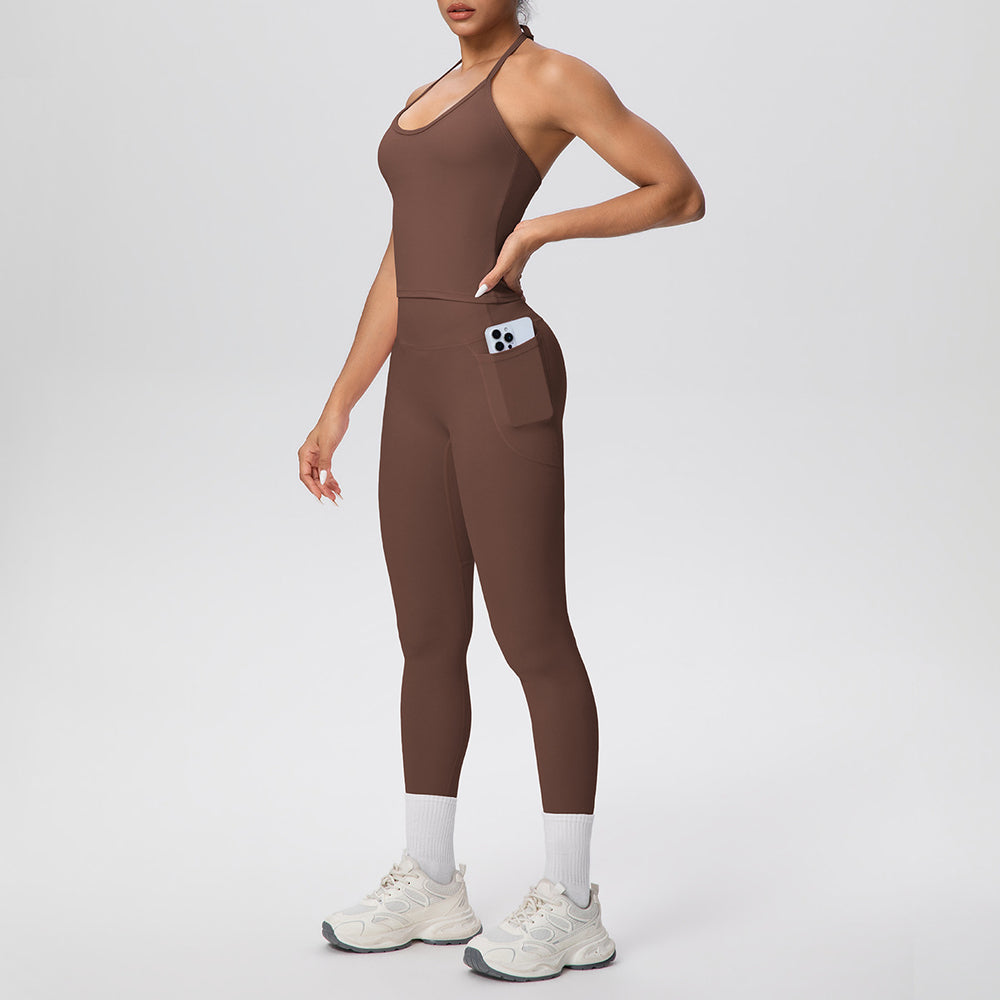 pure color brushed beautiful back tight strap halterflap pocket pants yoga suit sports running fitness two-piece set