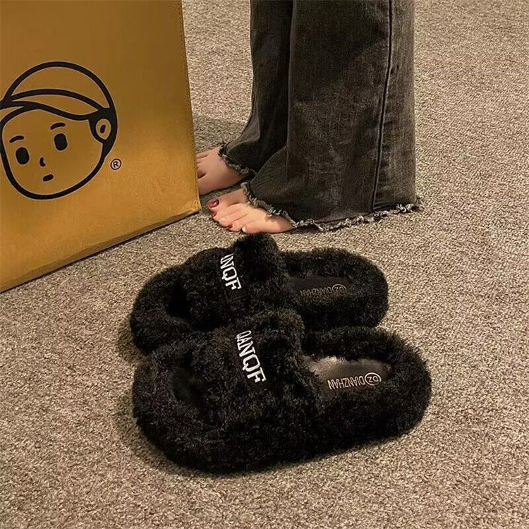 Thick sole fur slippers 2024fall and winternew arrivalfashioneasiest for match one-line slippers high-looking cashmerecasualpopular