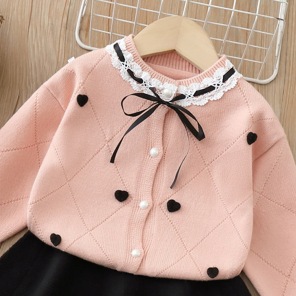Girls' outfit:  autumn/winter new collection - skirt set with round neck, heart-shaped bow, lace knit cardigan, and stylish two-piece design
