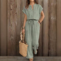 vacation striped plus size jumpsuit - front zipper, stand collar, drawstring waist, side pockets, loose wide leg