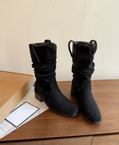 Grape mom fashion boots western pleated short boots women's retro british style petites heightened knee socks thick heel