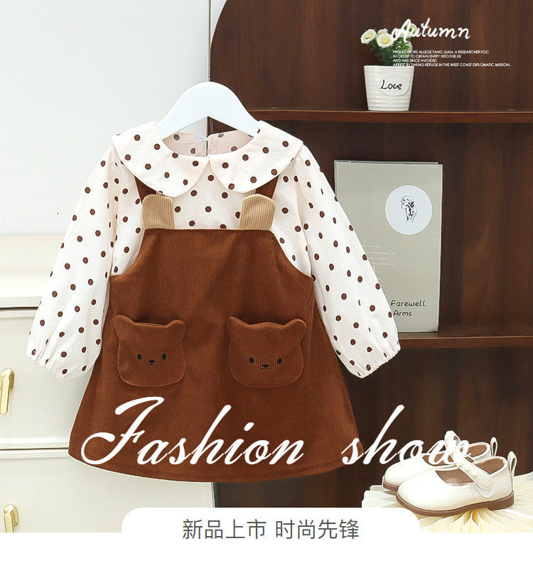 Girls' dress  autumn new style chic children's polka dot dress little bear baby princess dress kids' skirt trendy