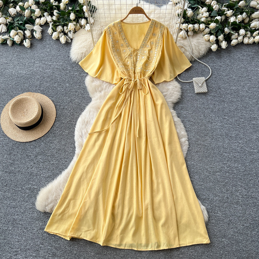 French-style embroidered v-neck dress - women's summer korean style short sleeve slimming a-line maxi dress - vacation ready