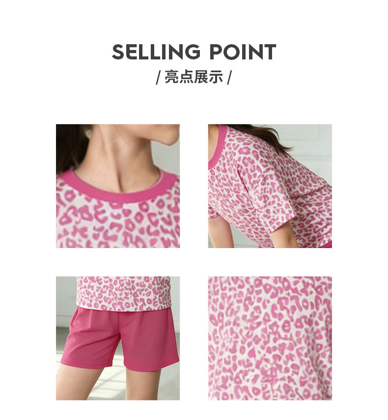 girls' tennis outfit set: pink leopard print short-sleeve top and rose red athletic shorts - summer casual two-piece set for kids