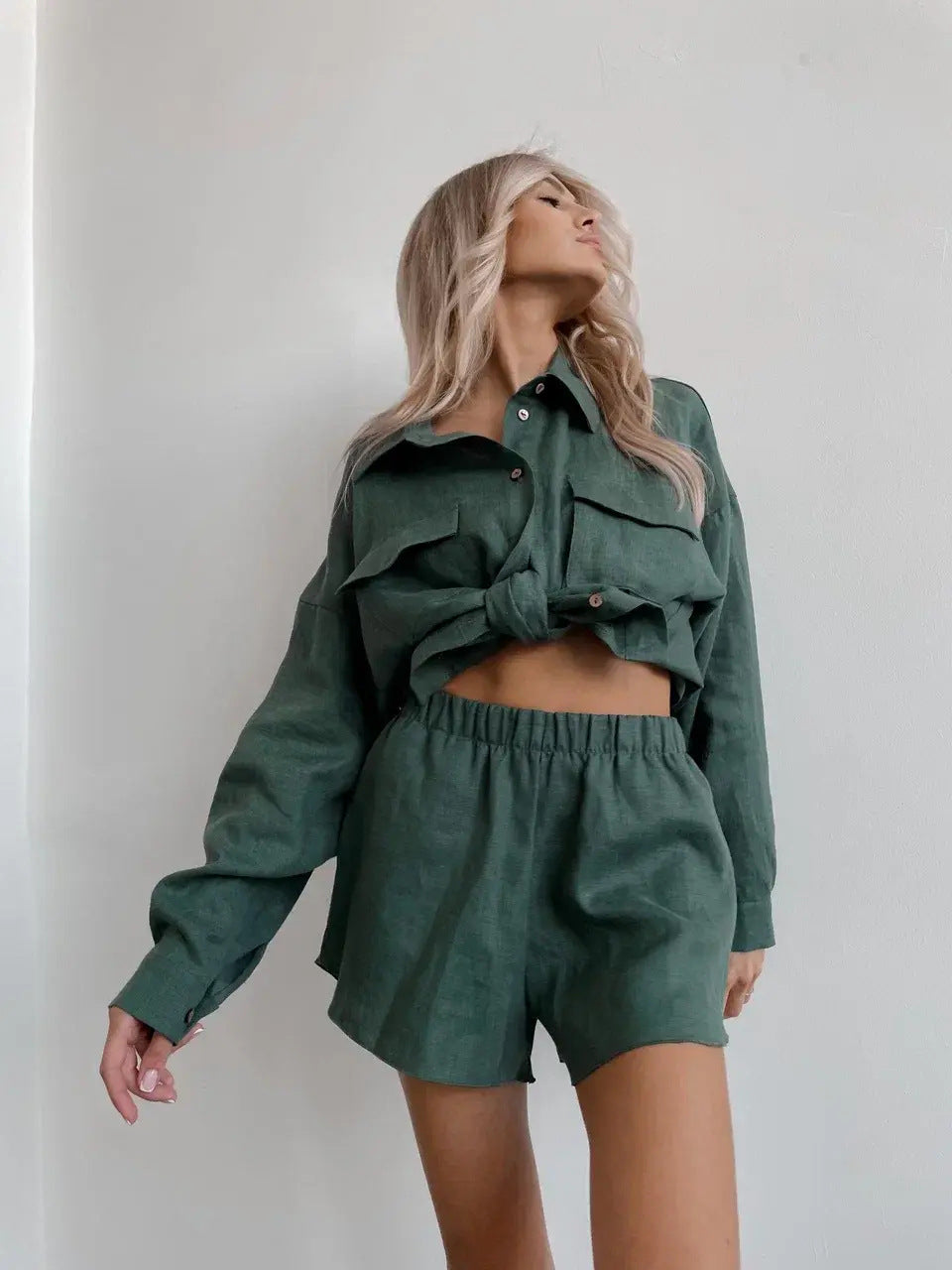 European and American new cardigan shorts set casual long-sleeved top elastic waist shorts two-piece set fashionable women's set