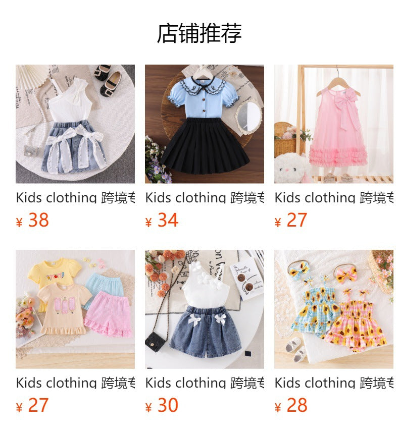 Kids clothing cross-border exclusive for european and american girls new arrival kids white short-sleeved t-shirt + blue pants