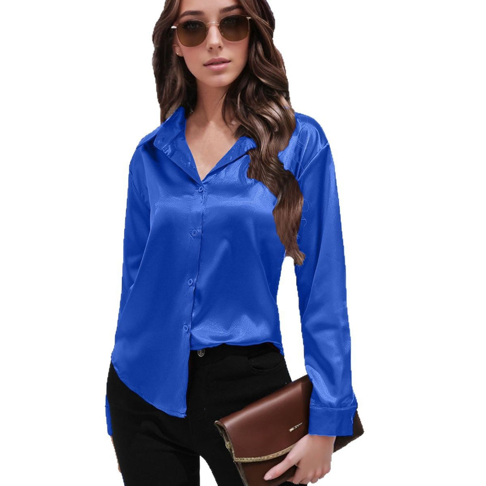 Satin shirt women's satinartificial silk long sleeves  best sellingpure colortopselegance button front lapel shirt