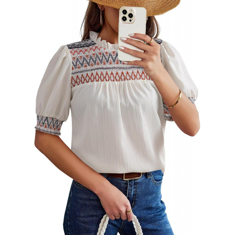 Amazon  summer new casual round neck bubble short sleeve bohemian embroidered shirt top for women