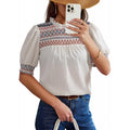 Amazon  summer new casual round neck bubble short sleeve bohemian embroidered shirt top for women
