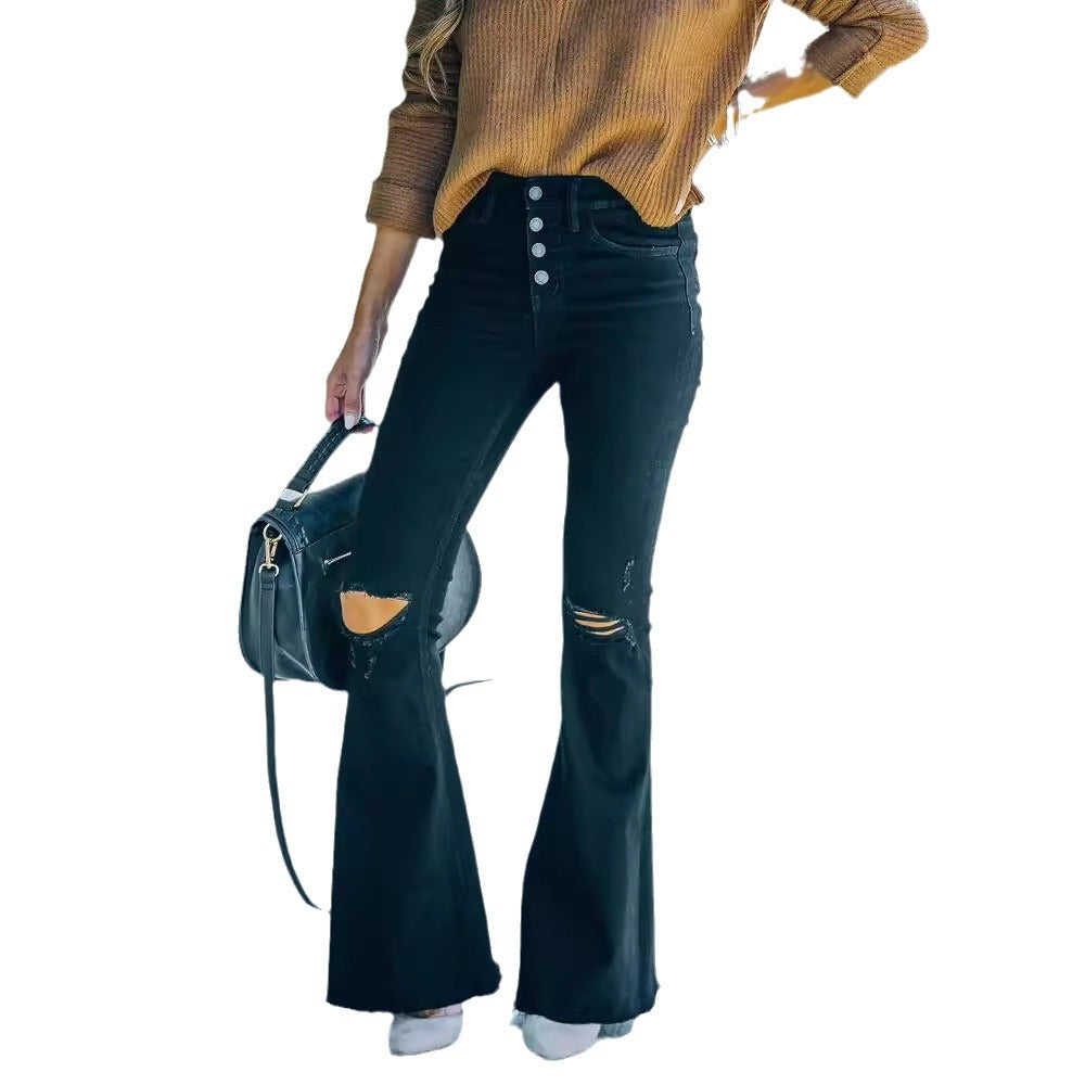 Ebay european and american cross-border foreign trade  new style washed denim ripped raw edge elastic bootcut pants  women