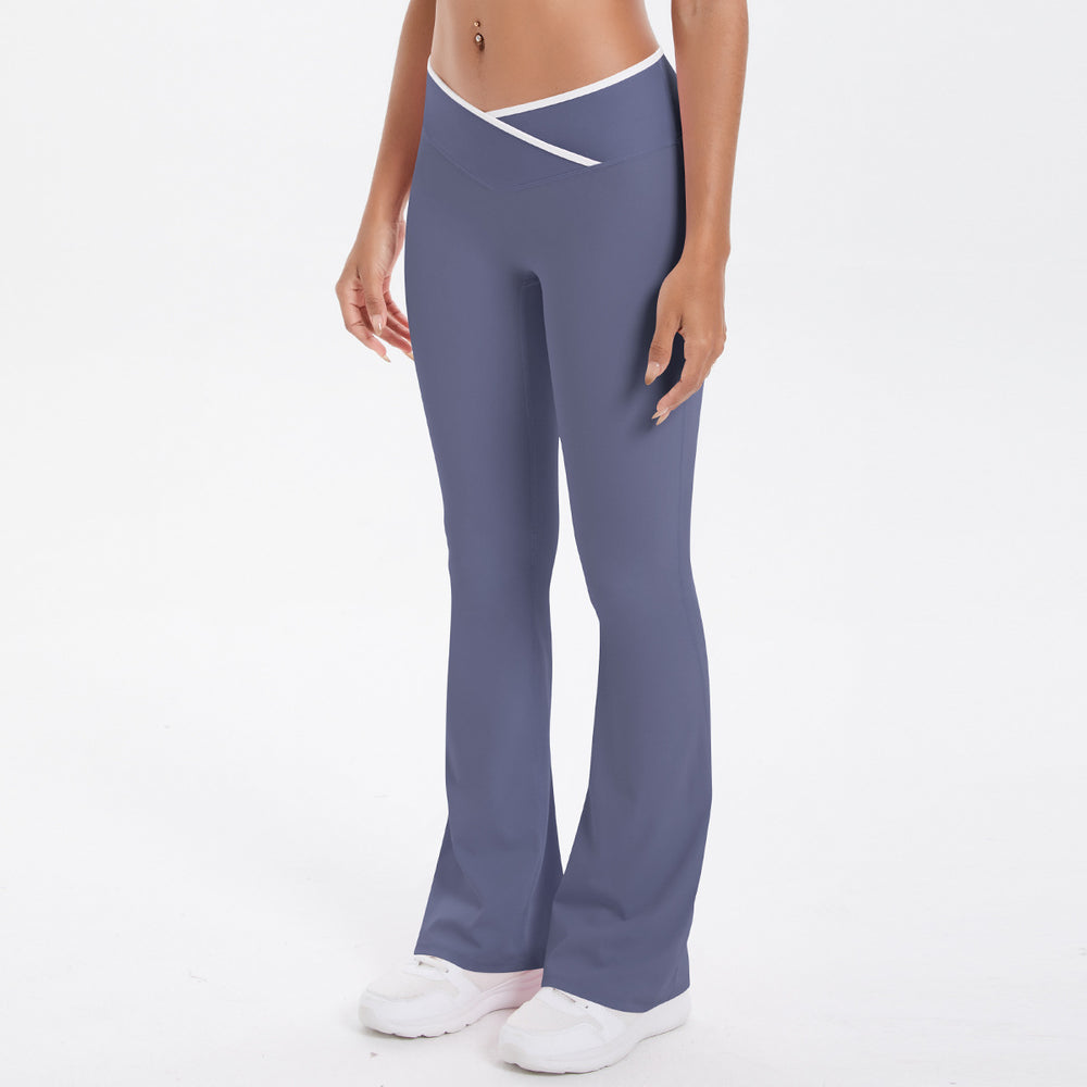 European and american nude feel tight yoga pants - color block crossover high waist wide leg flare leggings - quick dry athletic running fitness pants