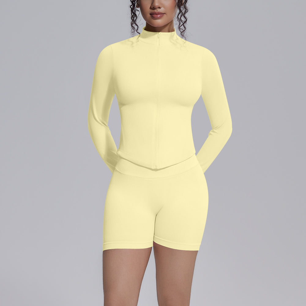 New zip-up jacket & quick-dry butt-lifting compression shorts activewear set - seamless knit running, fitness & yoga outfit for women