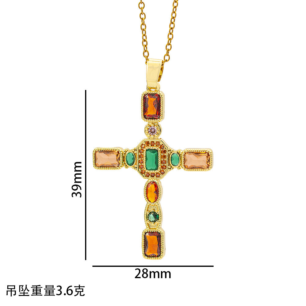 【titanium steel】cross-border fashionable colorful zircon cross necklace for women - high-end, light luxury sweater chain jewelry