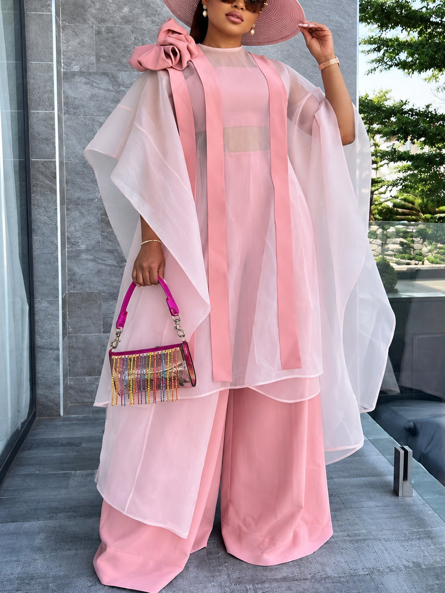 Trendy african-inspired loose sheer top & wide-leg pants set - pink robe two-piece outfit for parties & weddings