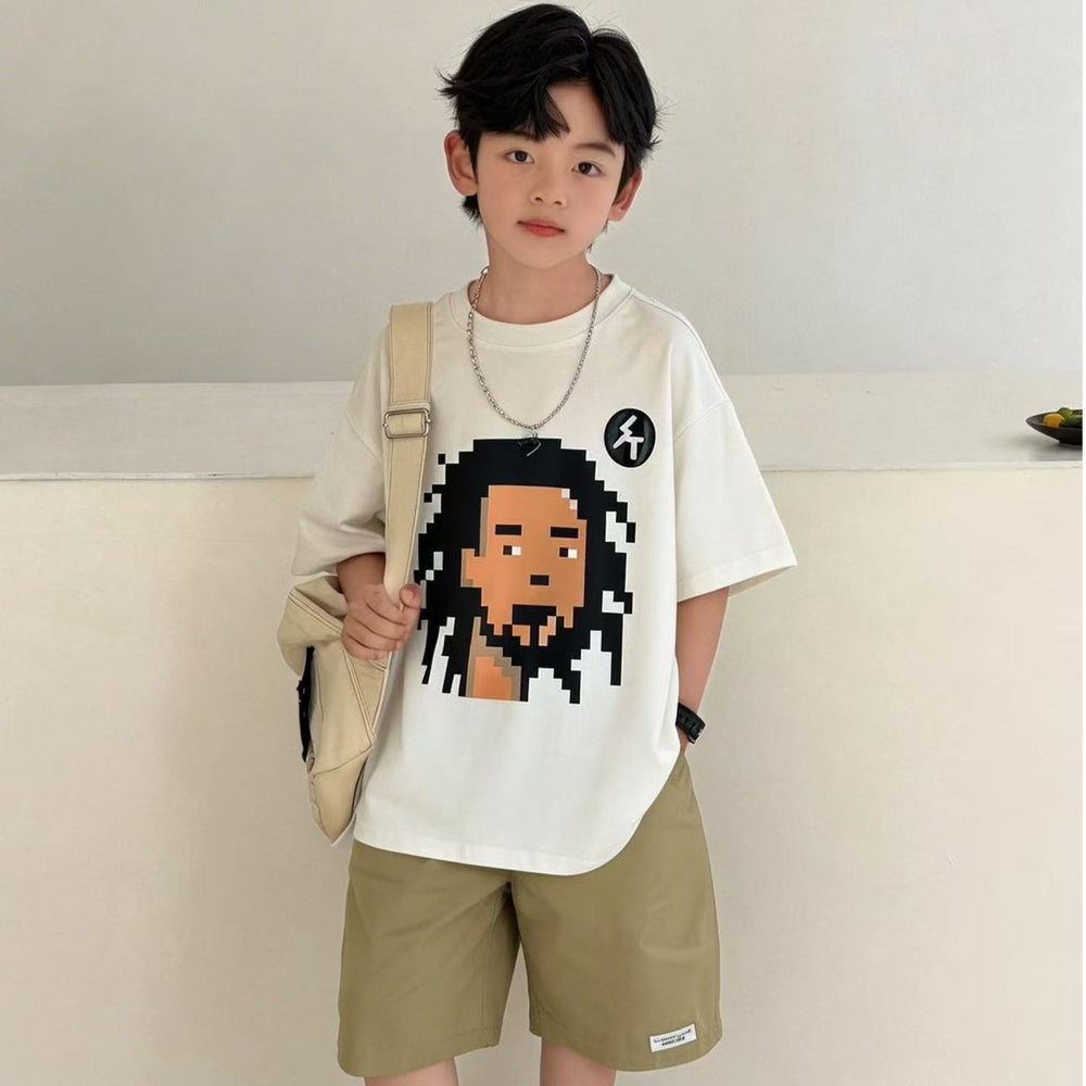 White cotton boys' short-sleeve t-shirt, summer  new arrival, loose fit, casual cartoon print, kids' half-sleeve tee 010