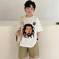 White cotton boys' short-sleeve t-shirt, summer  new arrival, loose fit, casual cartoon print, kids' half-sleeve tee 010