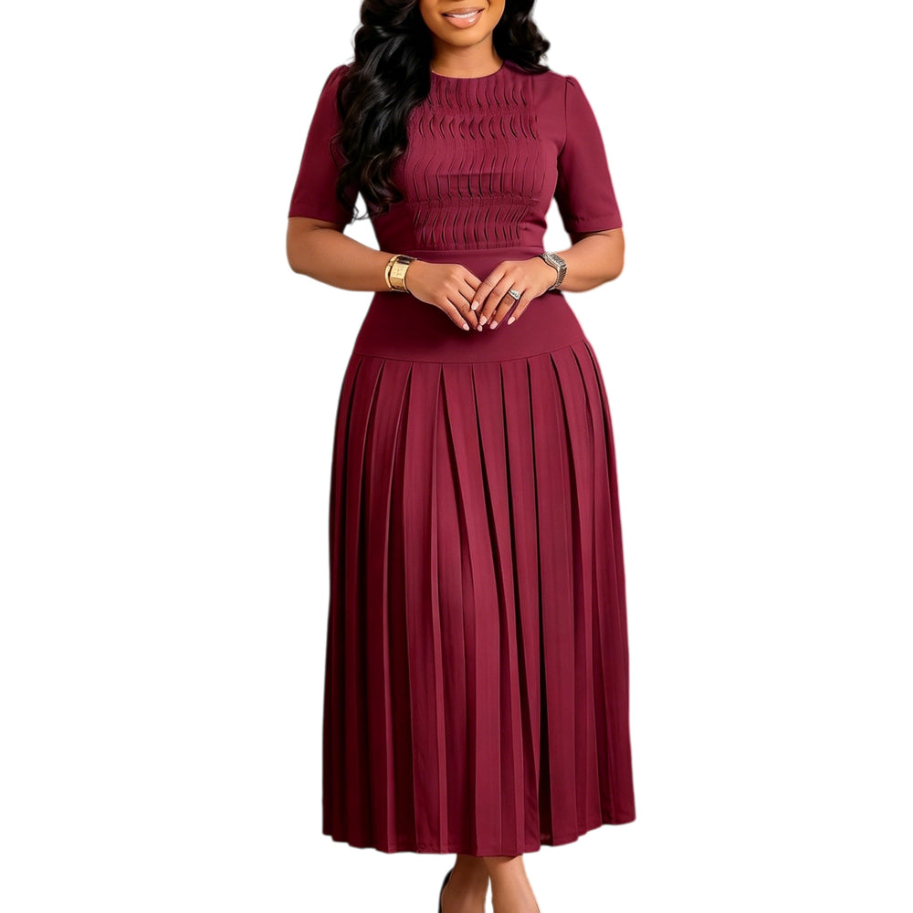 C8666  foreign trade women's fashion european and american  new pleated round neck patchwork crinkle cross-border dress