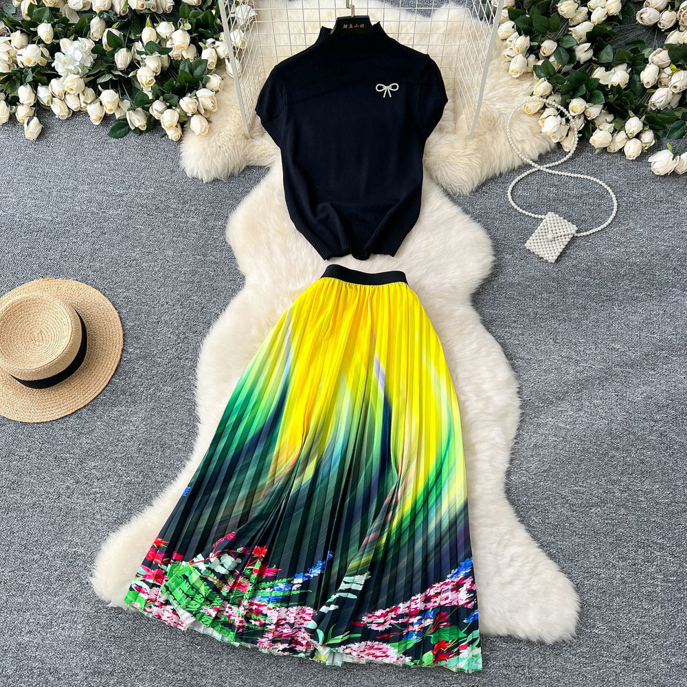 Fashion light mature style two-piece set women's high collar short-sleeved knittingtopshigh waistprintingpleated skirtsuit
