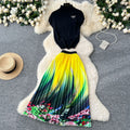 Fashion light mature style two-piece set women's high collar short-sleeved knittingtopshigh waistprintingpleated skirtsuit