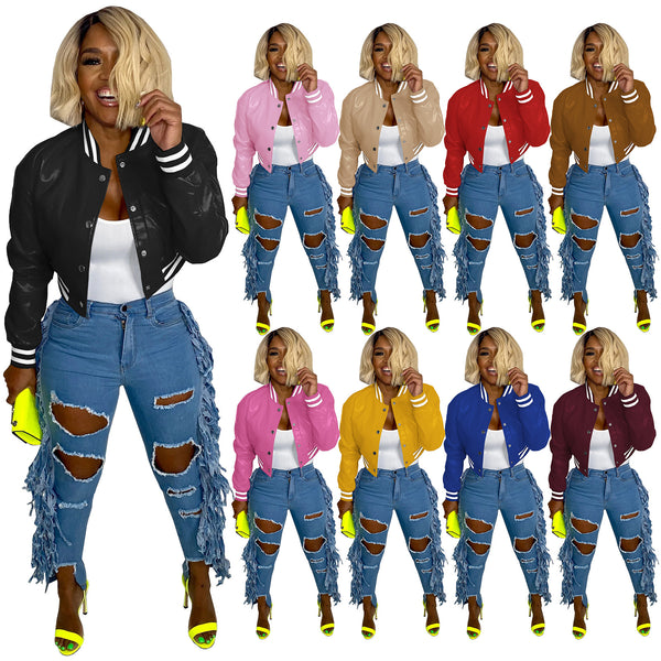 HR8237 European and American fashion women's clothing, new autumn and winter models, threaded elastic leather jacket, casual baseball jacket