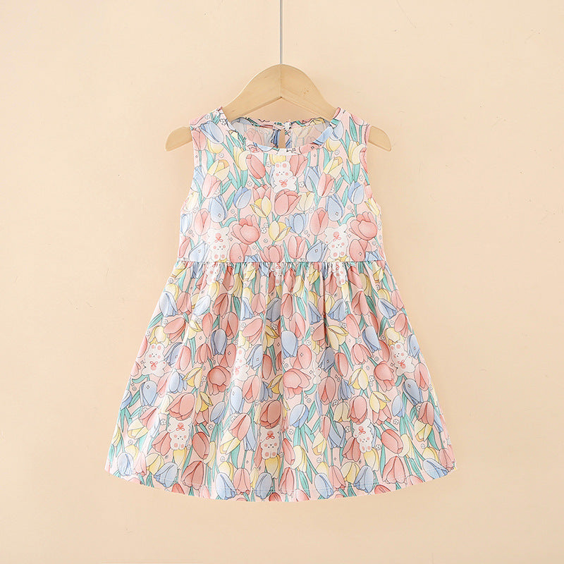 all-cotton a-line dress for girls, spring/summer sleeveless cartoon print princess dress for toddlers and young children