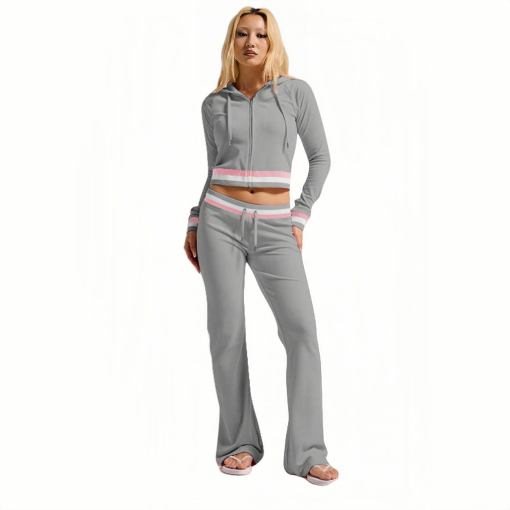 2025 European and American women's clothing, 's new fashionable casual thread contrasting silver fox fleece cardigan hooded two-piece set