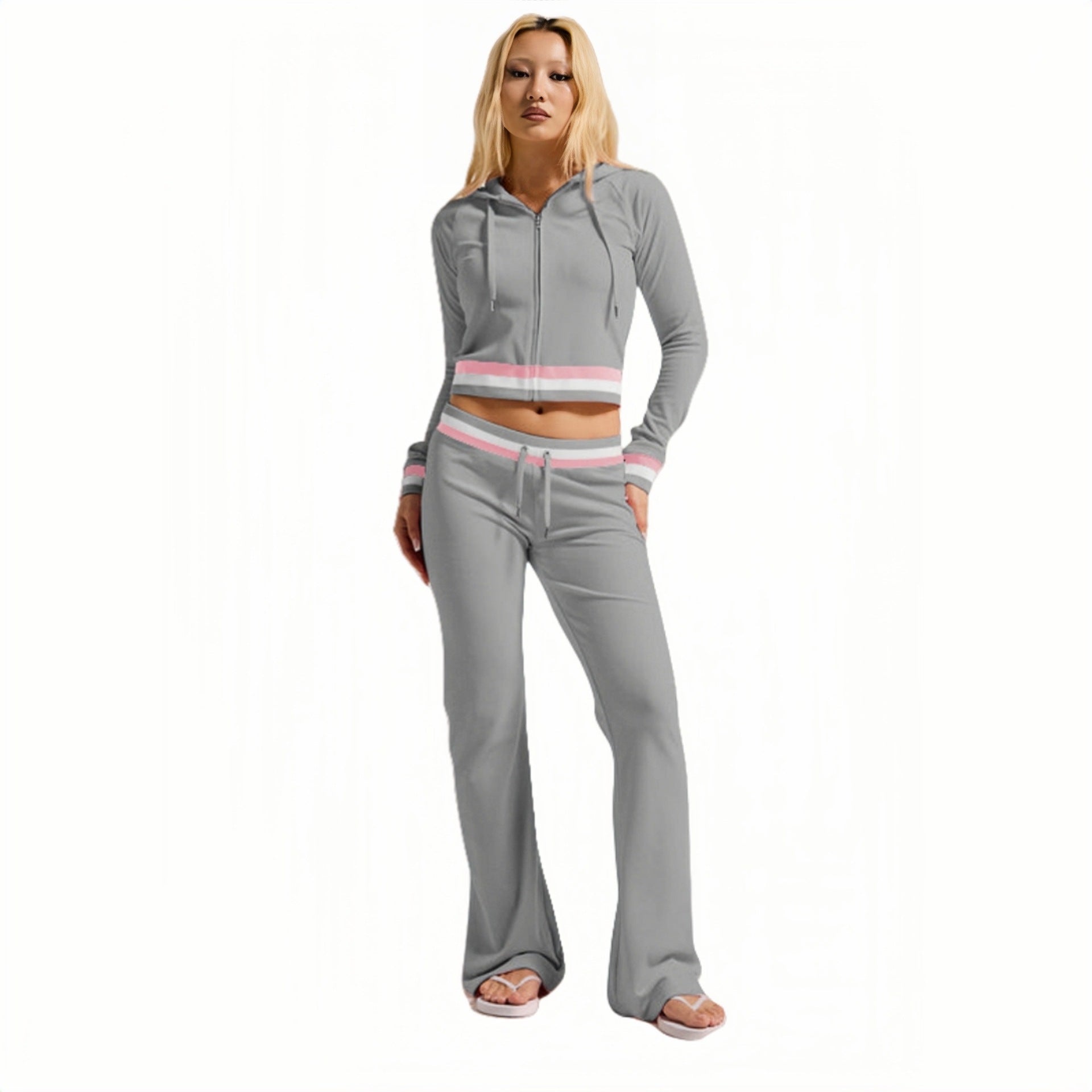 2025 European and American women's clothing, 's new fashionable casual thread contrasting silver fox fleece cardigan hooded two-piece set