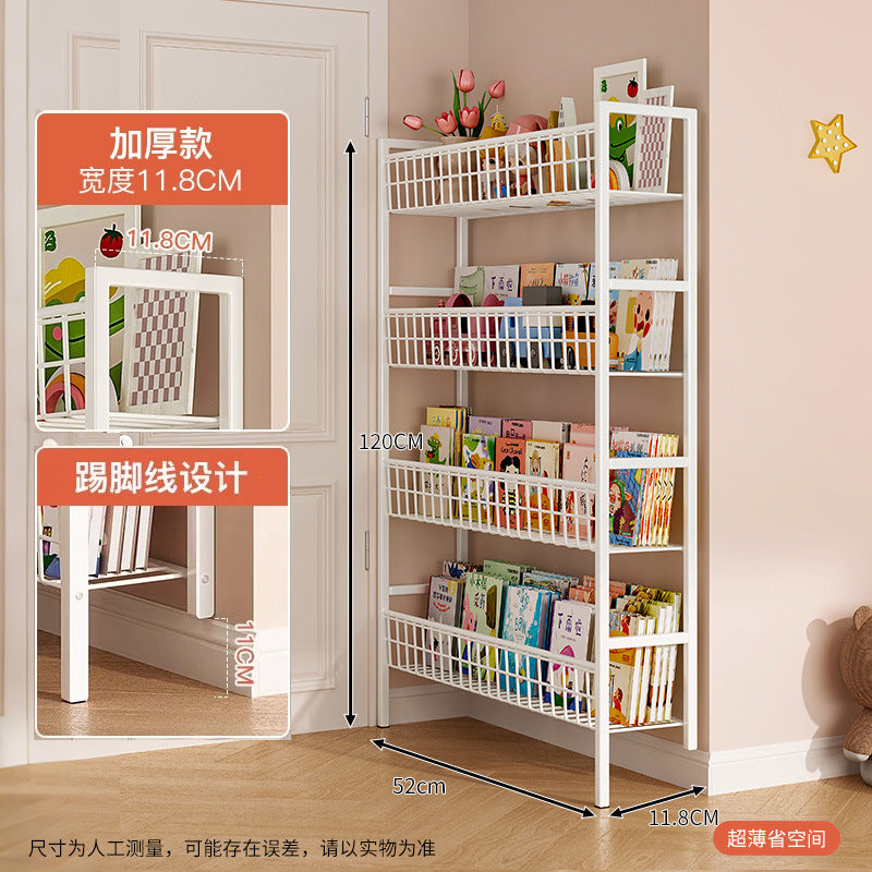 Bookshelf, ultra-thin wrought iron hole board shelf behind the door, floor storage rack against the wall, storage rack, children's picture book shelf