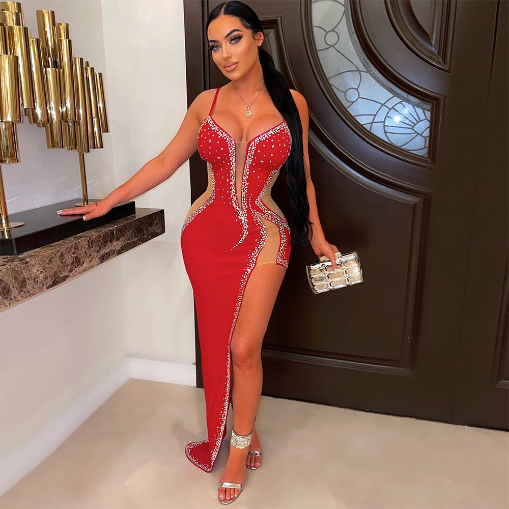 S390427   Fashion New Hot Diamond Sexy Suspender Mesh Perspective Long Dress Dress Women