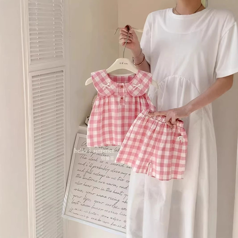 【dropshipping】baby girl summer outfit set - lightweight princess style plaid tank top and shorts set for toddlers