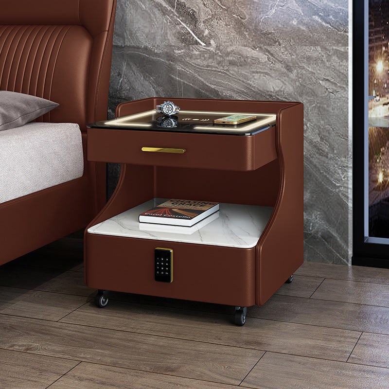 Italian smart bedside table minimalist modern leather bedroom wireless charging popular minimalist storage cabinet high-end rock slab