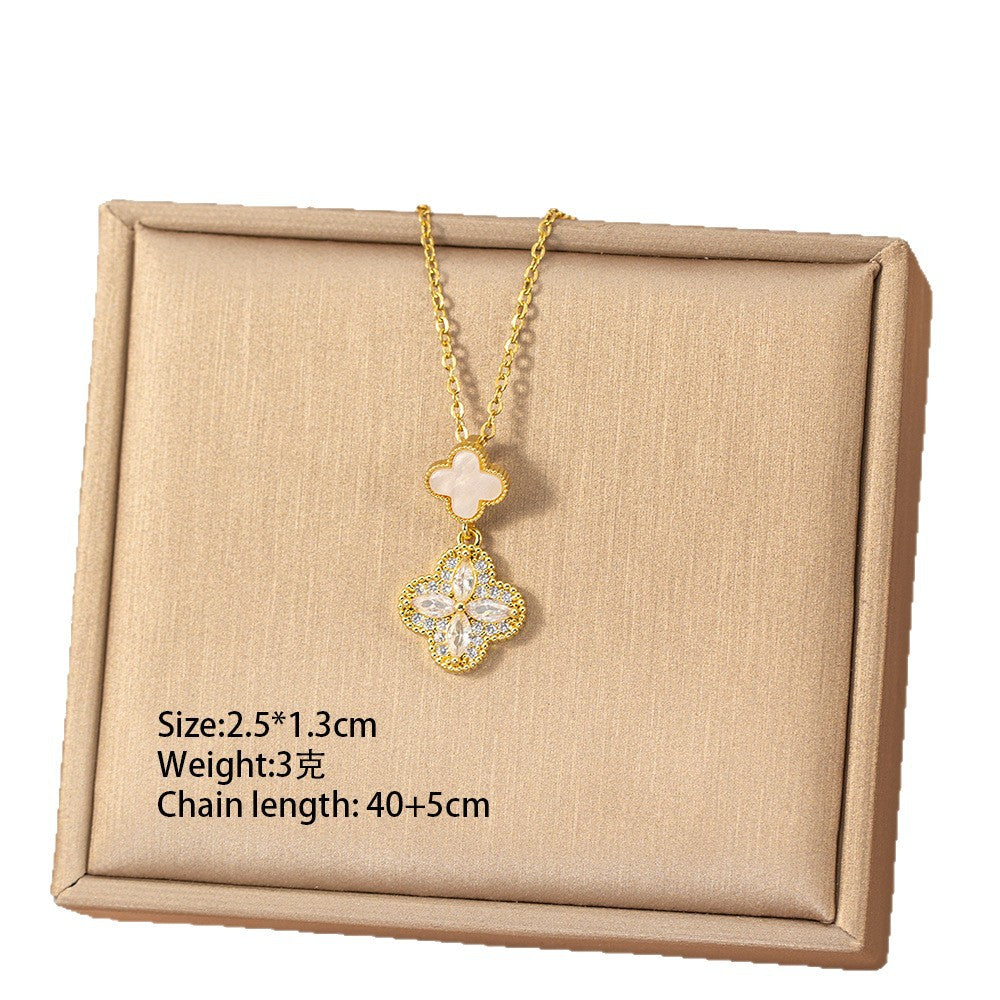 【titanium steel】trendy & chic copper inlaid zircon four-leaf clover necklace - women's high-end, lightweight luxury, tarnish-resistant choker jewelry
