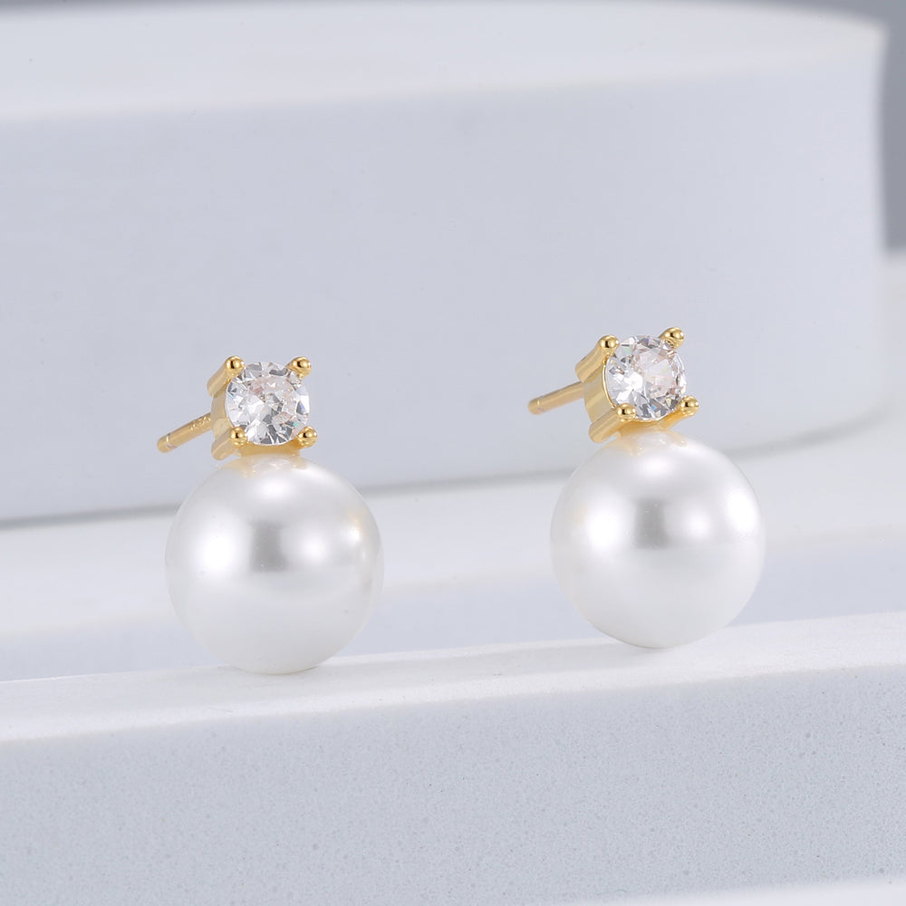 Copper plated real gold earrings for women four prongs single diamond sweet pearl hong kong style small elegant earrings accessible luxuryniche style earrings