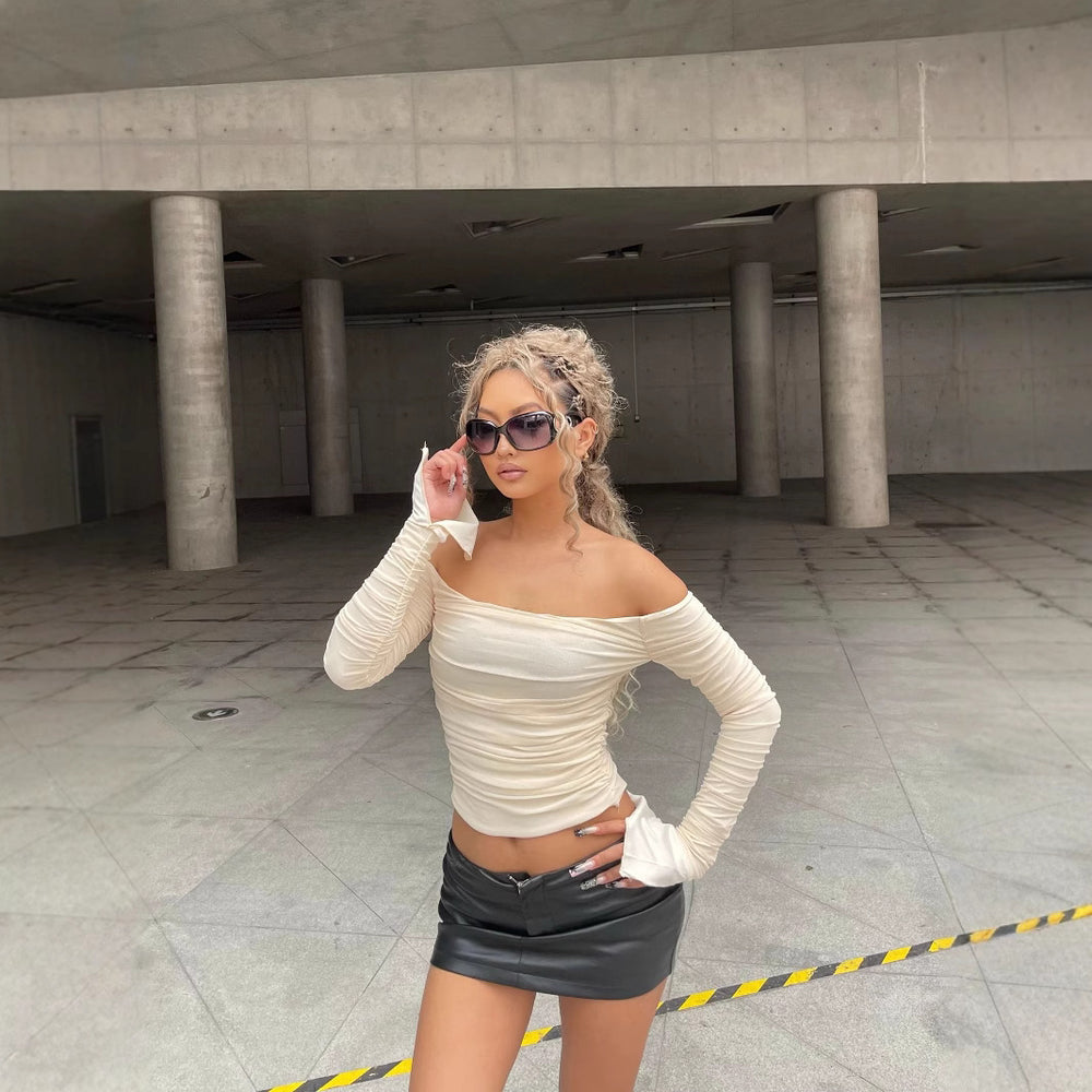 Export fashion new arrivalsexy double-layer mesh tops sweet one-shoulder pleated bell long sleeves t-shirt for women