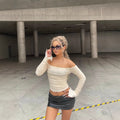 Export fashion new arrivalsexy double-layer mesh tops sweet one-shoulder pleated bell long sleeves t-shirt for women