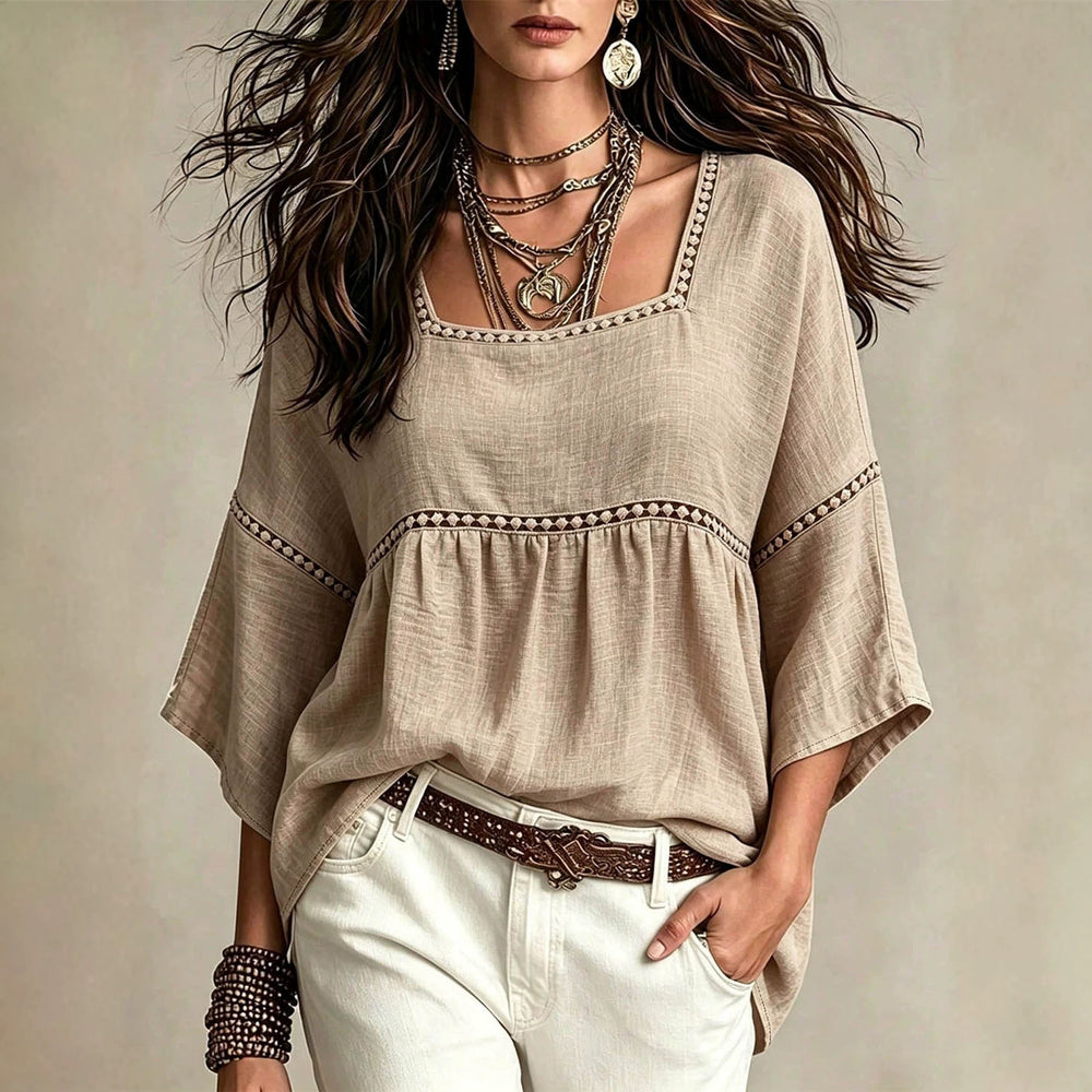 European and american bohemian style plus size women's square neck hollow-out lace trim loose babydoll top with three-quarter sleeves