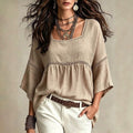 European and american bohemian style plus size women's square neck hollow-out lace trim loose babydoll top with three-quarter sleeves
