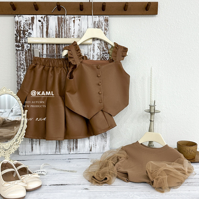 【custom wholesale】girls' autumn outfit: stylish little girl's leather three-piece set, trendy children's base layer
