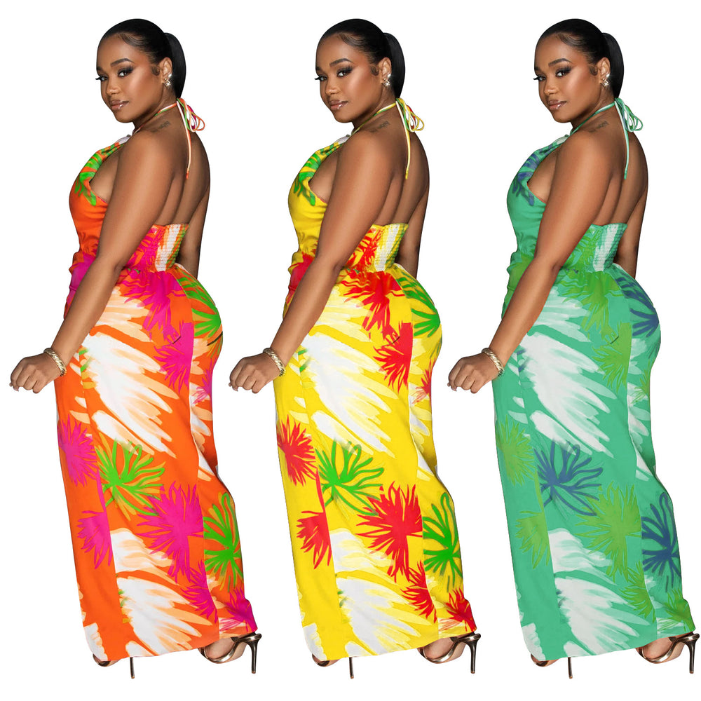 C6921 cross-border   independent station fashionfashion women's backless tie back printing dress length