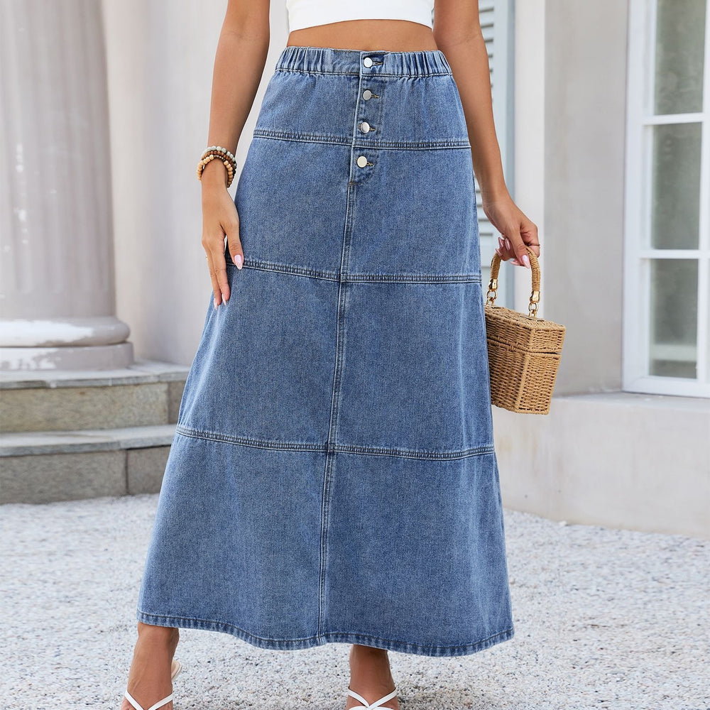 European and american cross-border e-commerce  new arrival elastic waist front button patchwork design versatile denim midi skirt for women