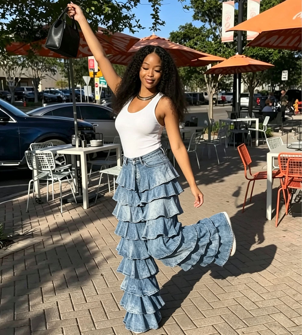 European and american style new ruffle hem denim pants -  cross-border summer women's fashion washed patchwork high-waisted trousers