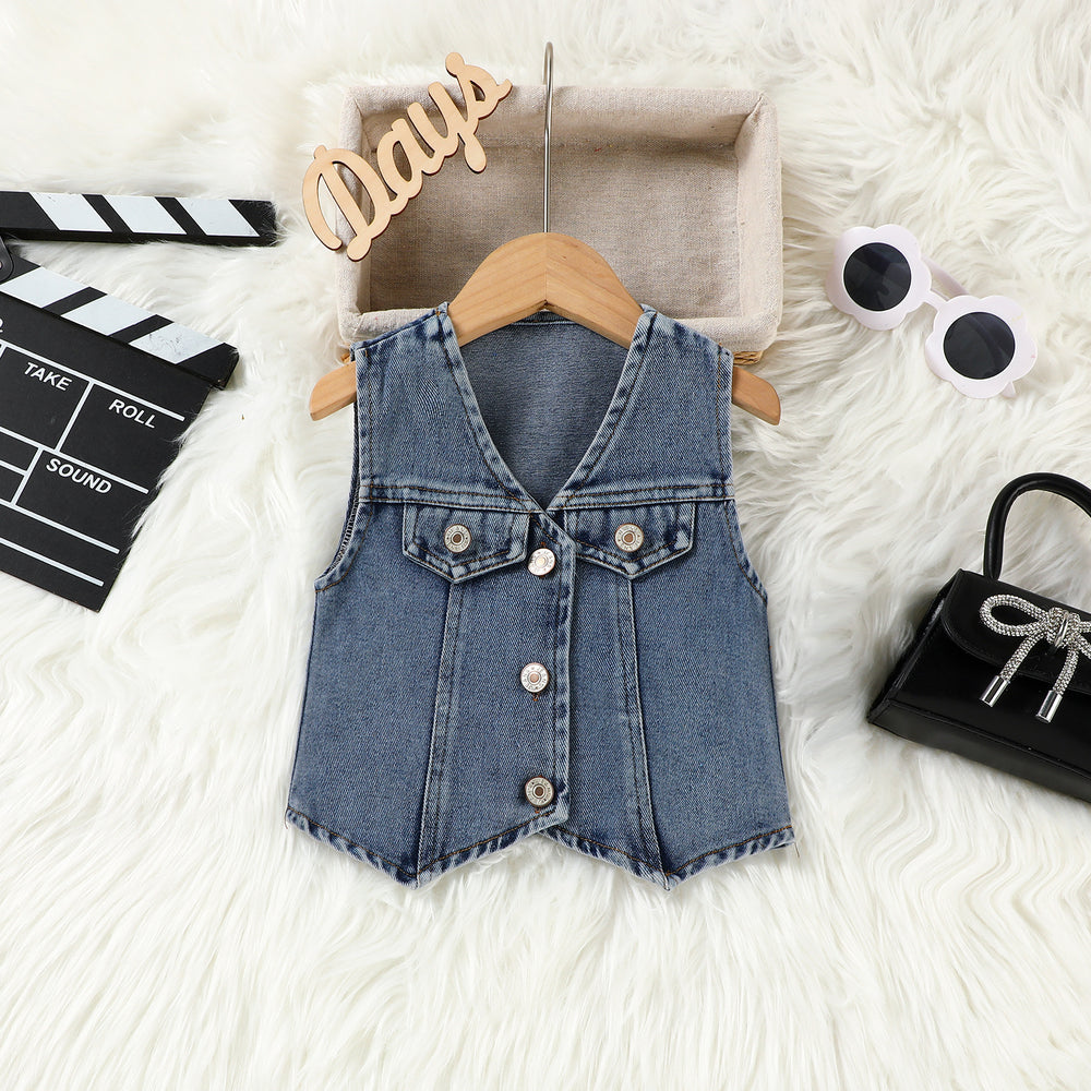 European and american cross-border children's wear: girls' summer denim vest top and pleated skirt two-piece set for toddlers and young children