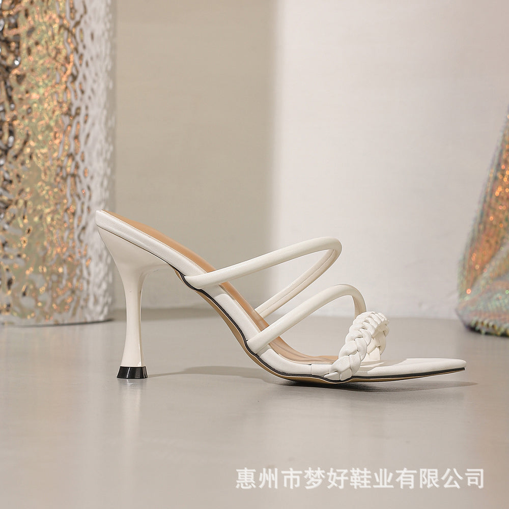 2025 summer new european and american style pointed toe high heel slippers women's fashion thong woven stiletto sandals wholesale