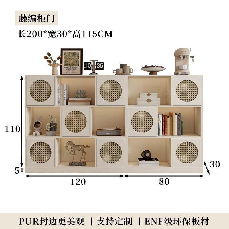 Half wall solid wood bookcase low cabinet storage cabinet all-in-one living room side cabinet combination cabinet storage rack color matching rattan bookshelf
