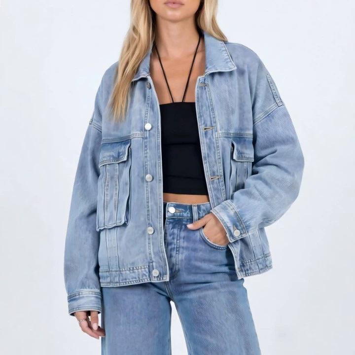 Amazon tiktok pinduoduo foreign trade cross-border fashion y2k style women's loose light washed denim jacket