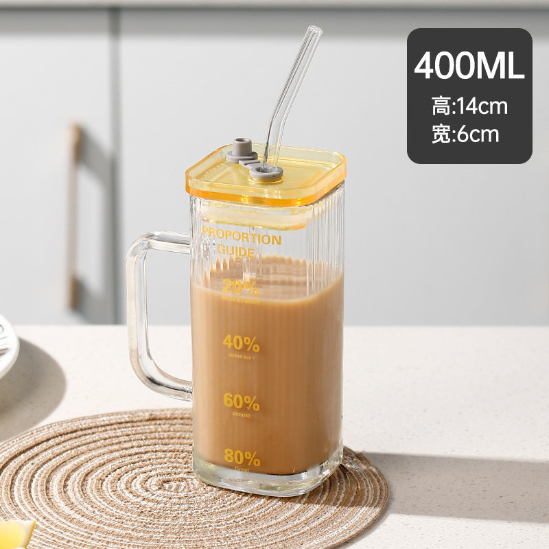 Square glass light luxury with bamboo cover juice cold drink cup household straw cup high value fruit teacup activity gift