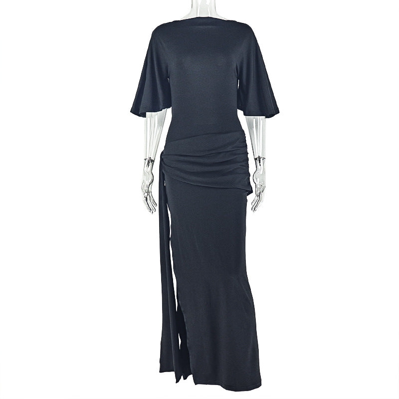 Fashion styleexport women's backless sexy pleated loose hip skirt one-line collar strap slit long dress trendy