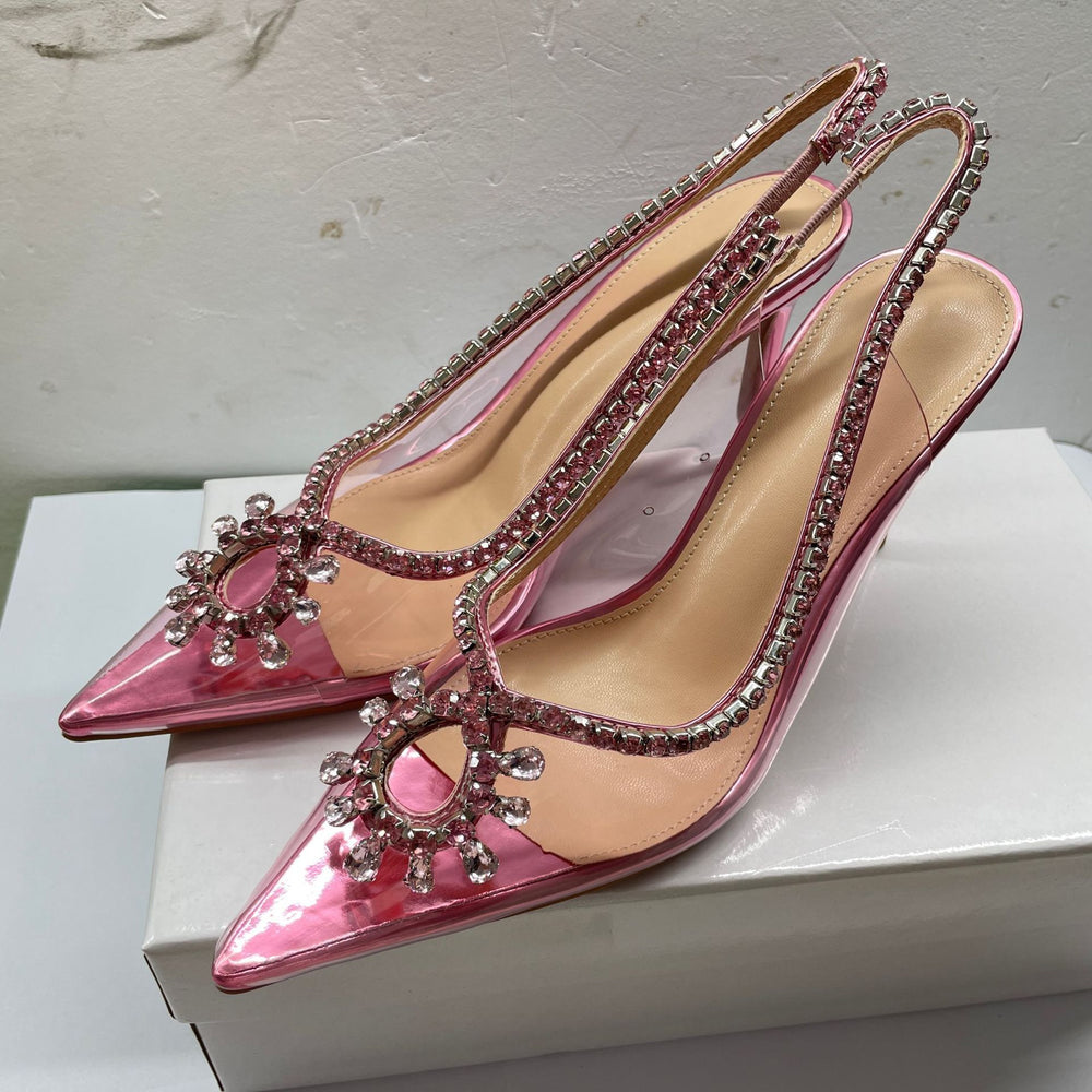 Transparent one-line high-heeled sandals niche style back empty toe high-heeled shoes women's stiletto pointed toe fashion super high heels